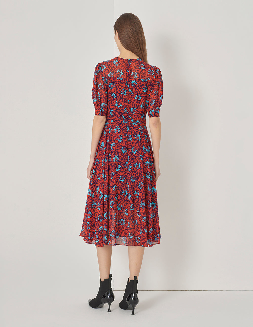 MARYLING Red Floral Printed V-Neck Pleated Dress