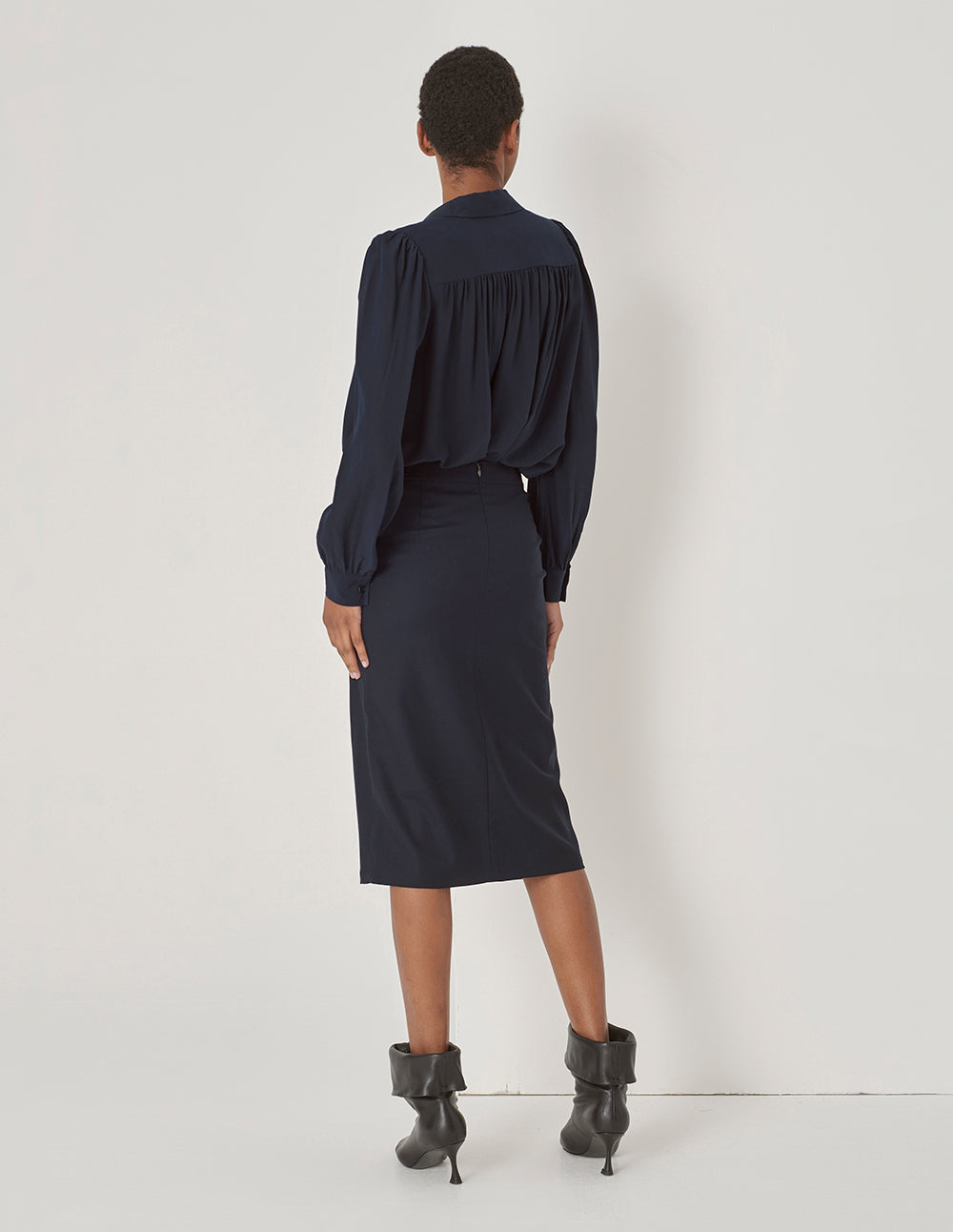 MARYLING Dark Blue Curved Line Slit Detail Straight Skirt