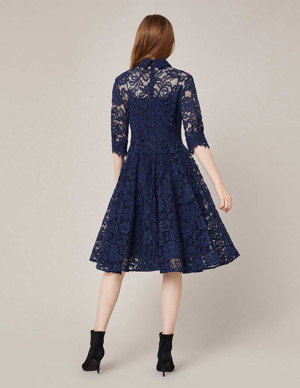 MARYLING Puff Sleeve Shirt Collar Lace Midi Dress
