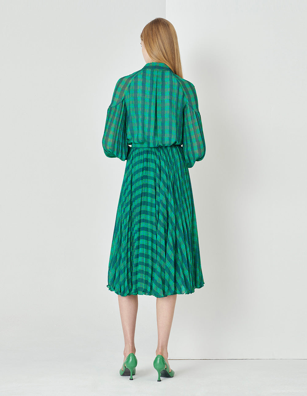 MARYLING  Blue And Green Square Print Houndstooth Pleated Skirt