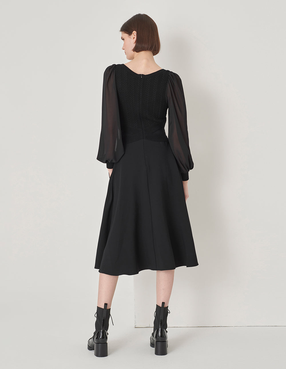 MARYLING Black Square Neck Knitted Patchwork Georgette Sleeve Dress