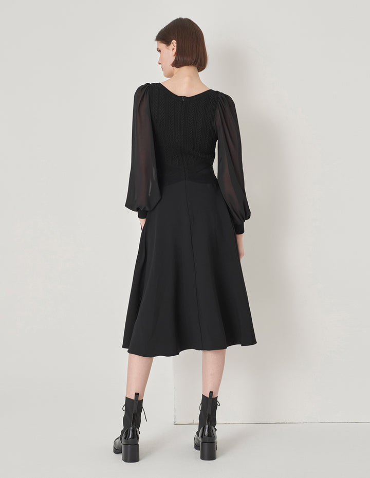 MARYLING Black Square Neck Knitted Patchwork Georgette Sleeve Dress