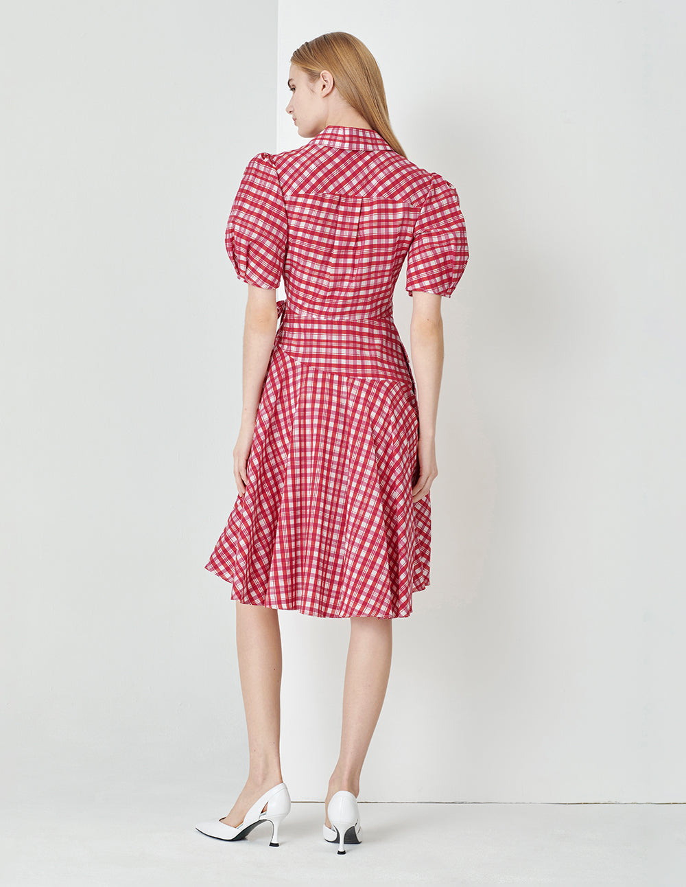 MARYLING Rose pink plaid suit collar puff sleeves plaid dress