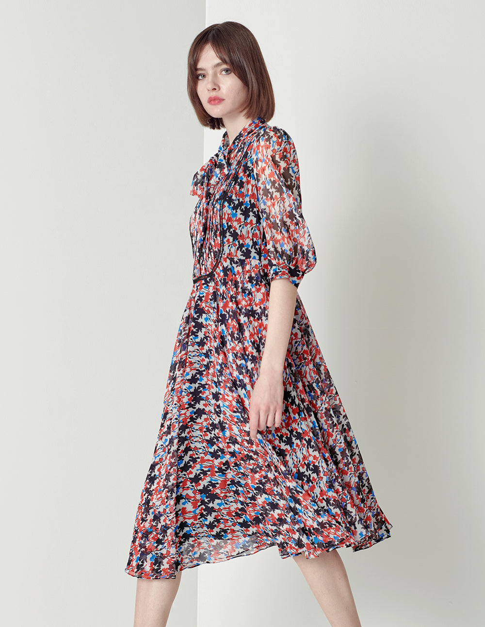 MARYLING V-Neck Tie Puffed Sleeves Print Dress