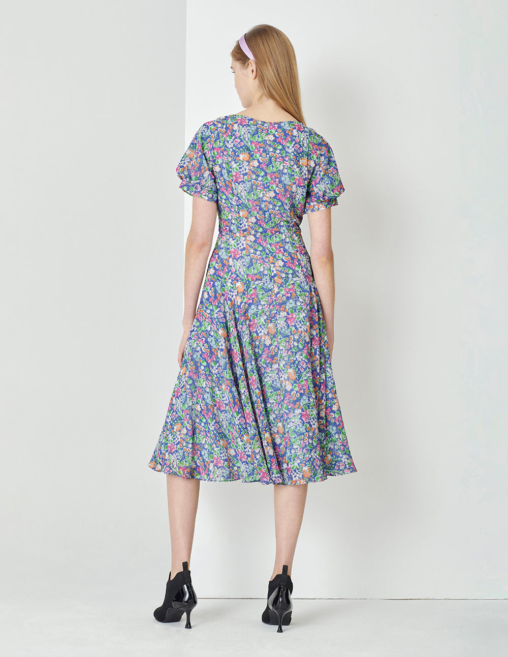 MARYLING Colourful Underwater Garden Square V-Neck Pinched Print Dress