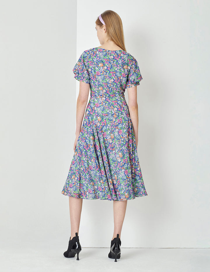 MARYLING Colourful Underwater Garden Square V-Neck Pinched Print Dress