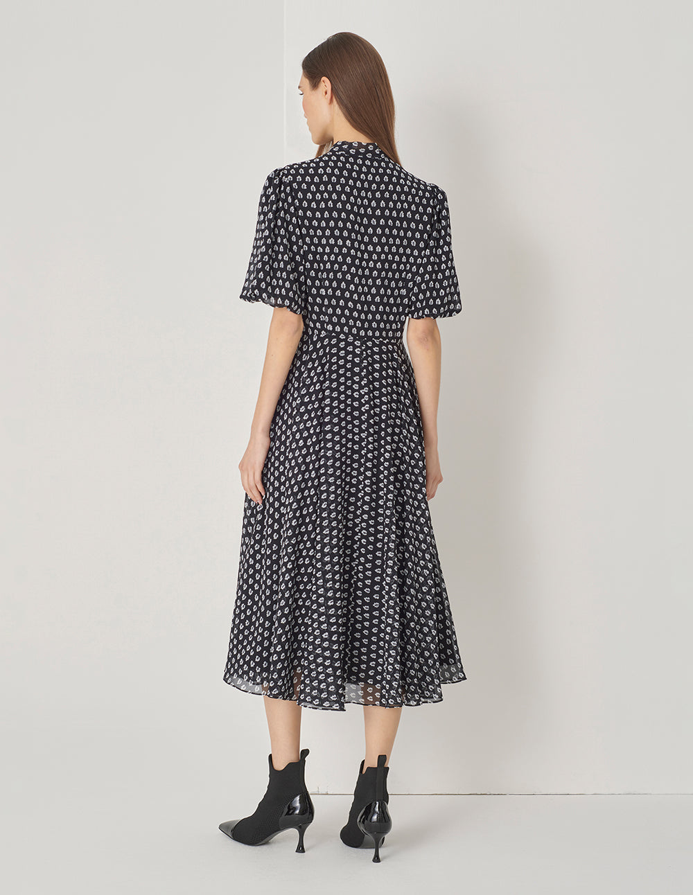 MARYLING Black And White Forest Tie Bow Shirt Dress