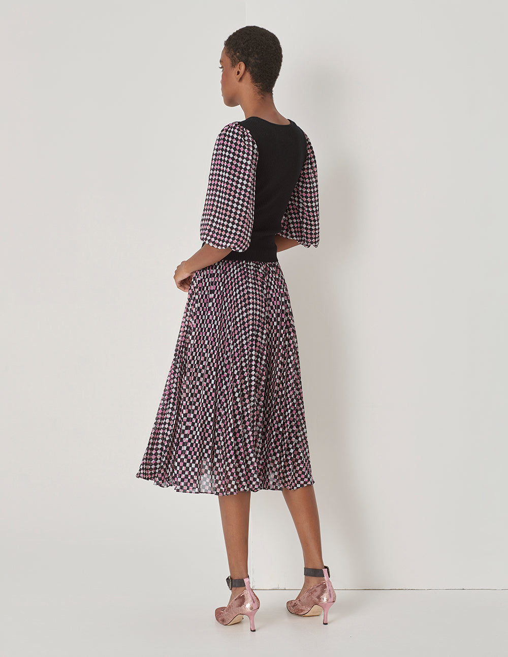 MARYLING Cranberry Checkered Sun Pleated Print Skirt