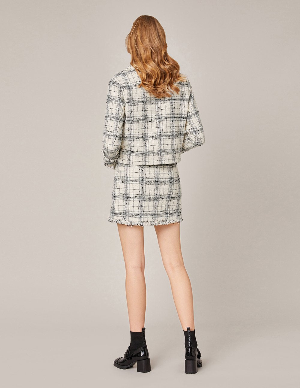 MARYLING PLAID TWEED FRINGE HEM MINI SKIRT