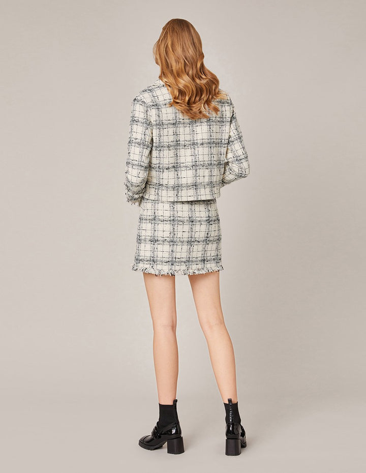 MARYLING PLAID TWEED FRINGE HEM MINI SKIRT