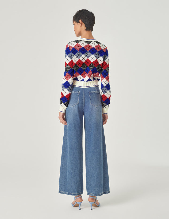 MARYLING Diamond Check Round Neck Knitted Cardigan