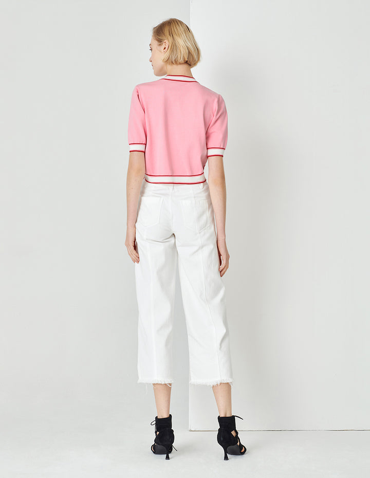 MARYLING Peach Pink Contrasting Rib-Knit Detail Cardigan