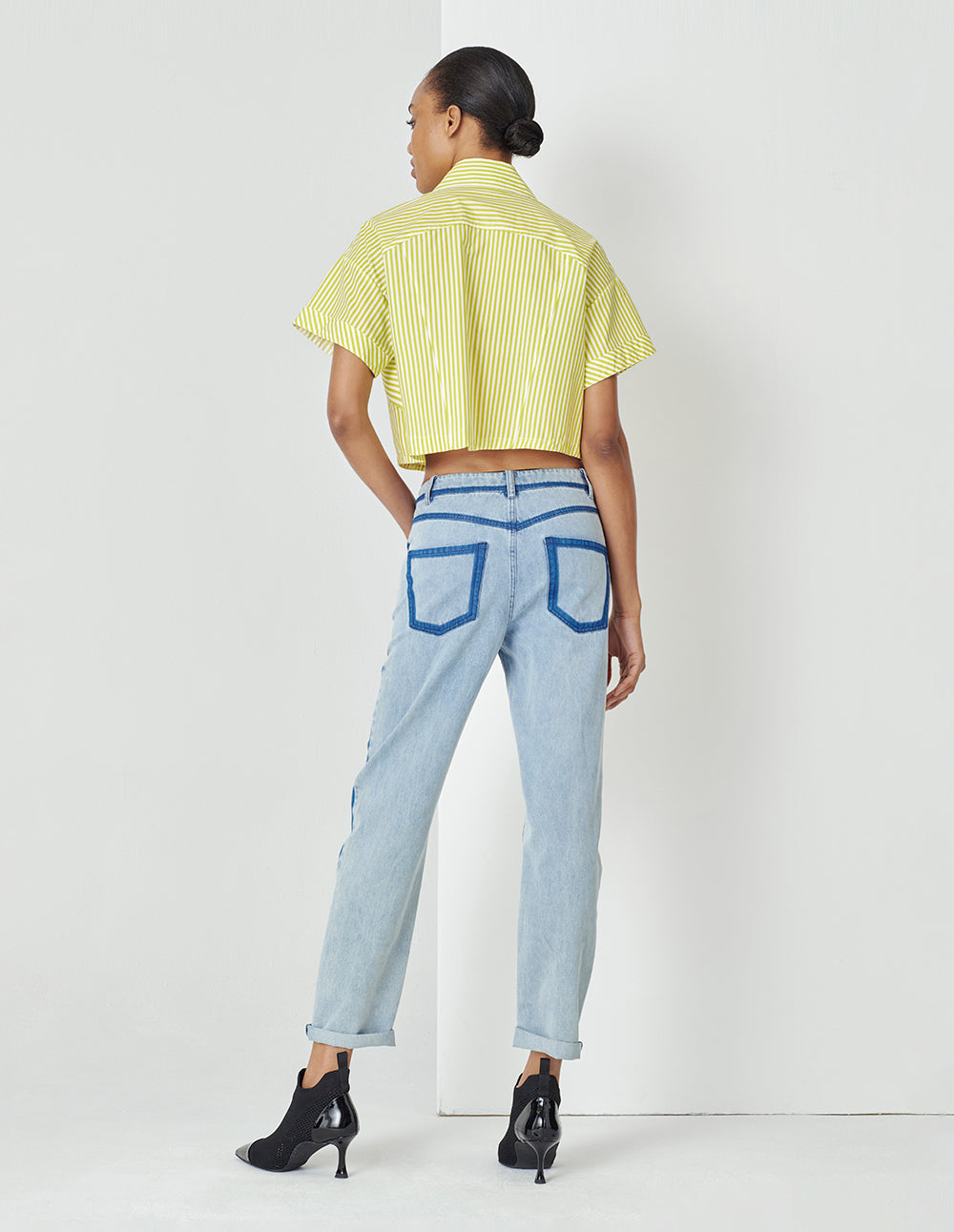 MARYLING Yellow And White Striped Lapel Blouse