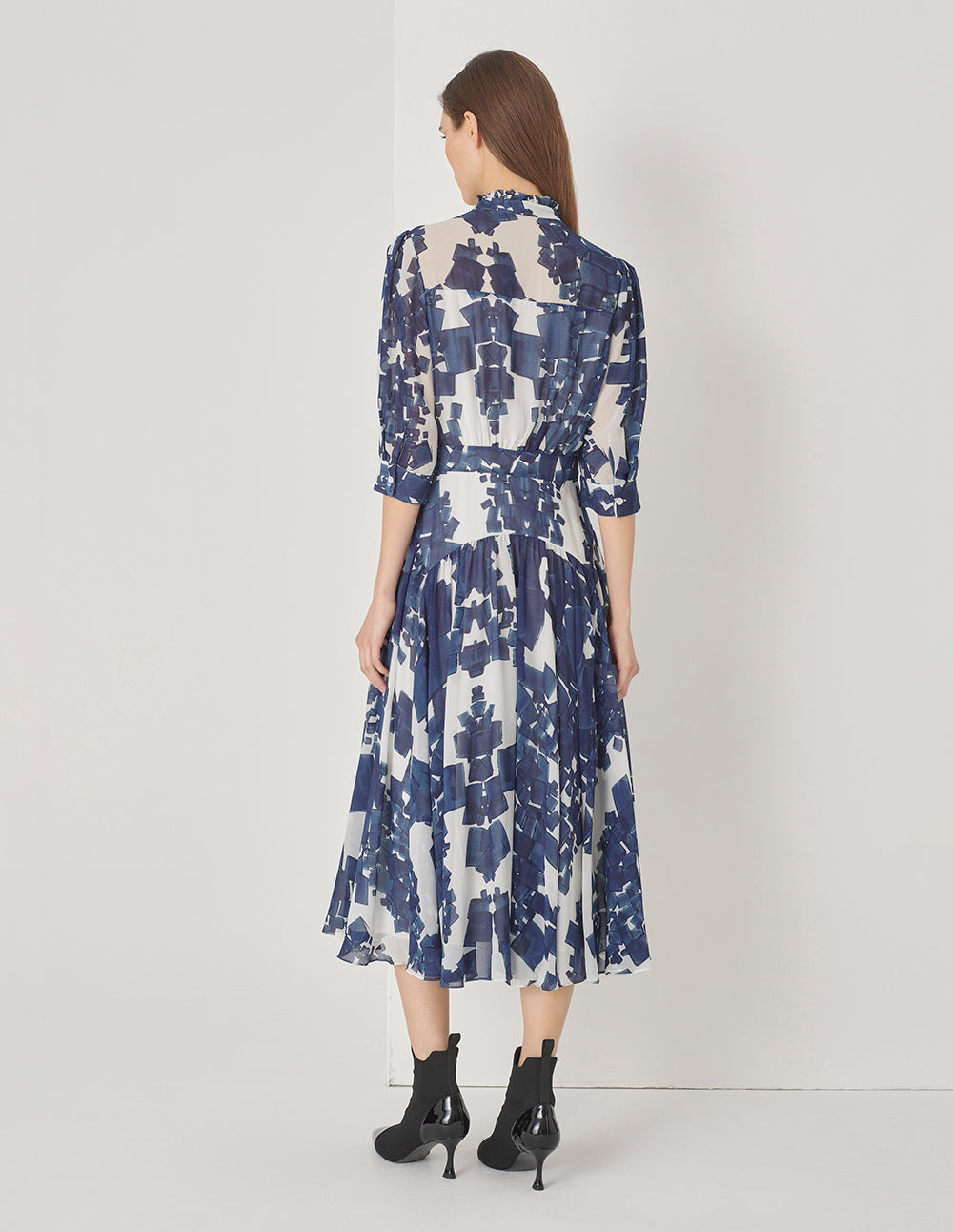 MARYLING Blue And White Grit Georgette Long Sleeve Dress