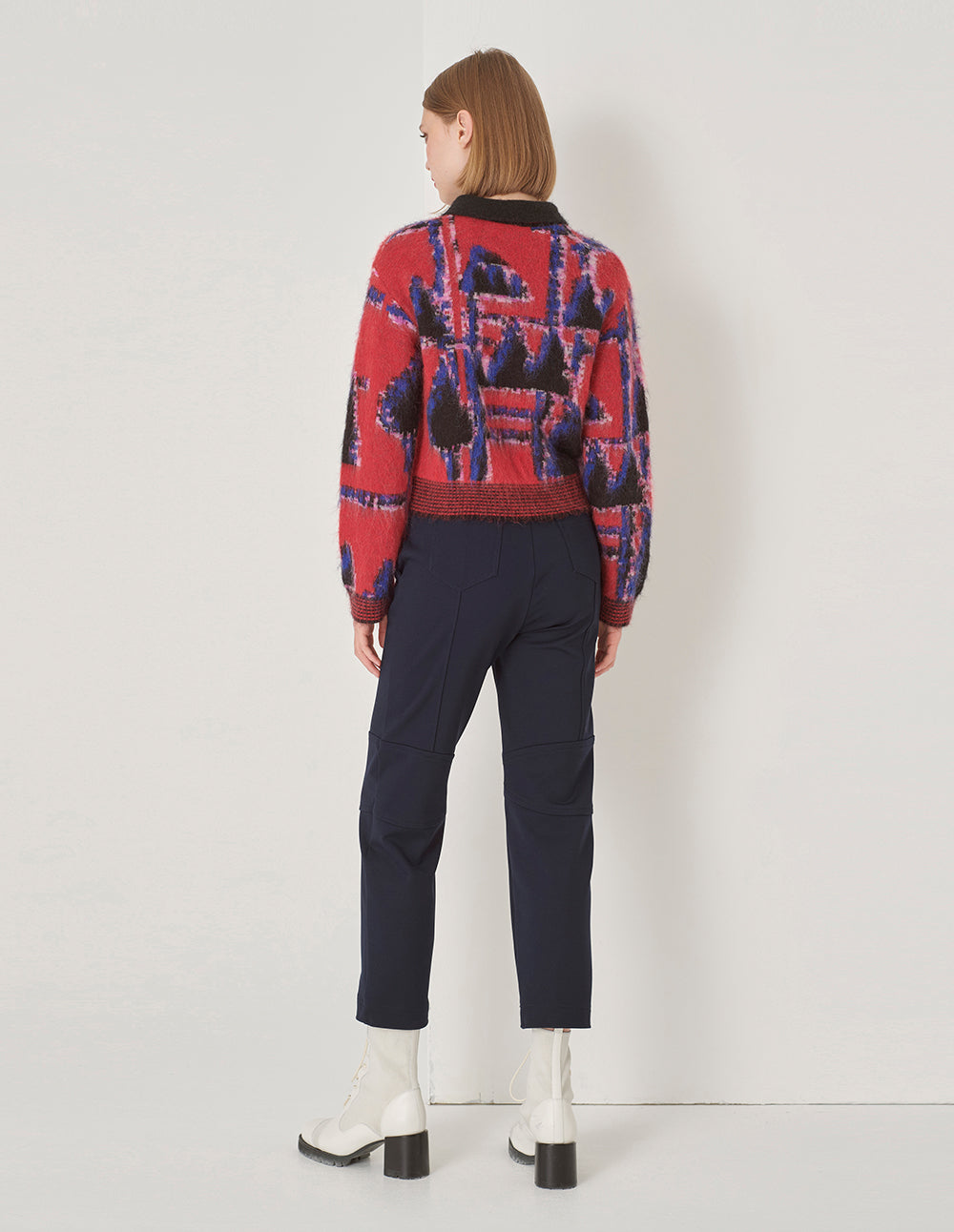 MARYLING Lapel Red And Blue Puzzle Knit Sweater