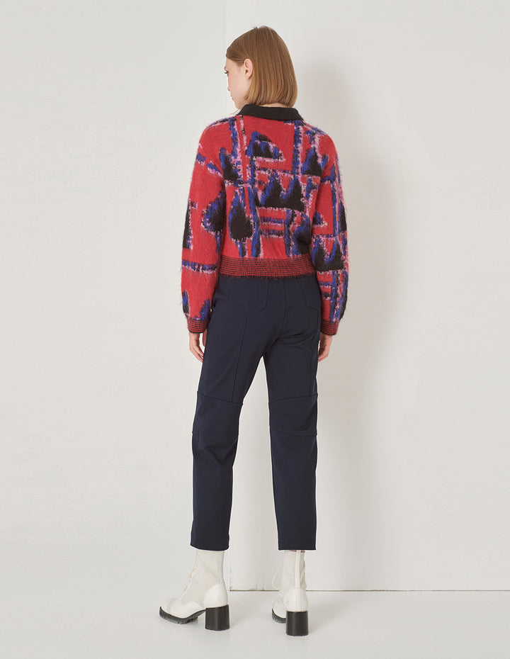 MARYLING Lapel Red And Blue Puzzle Knit Sweater