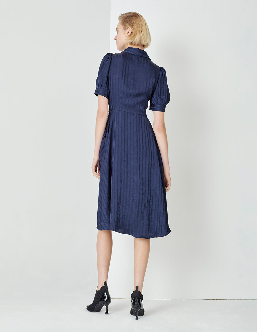 MARYLING Midnight Blue V-Neck Umbrella Hem Striped Dress