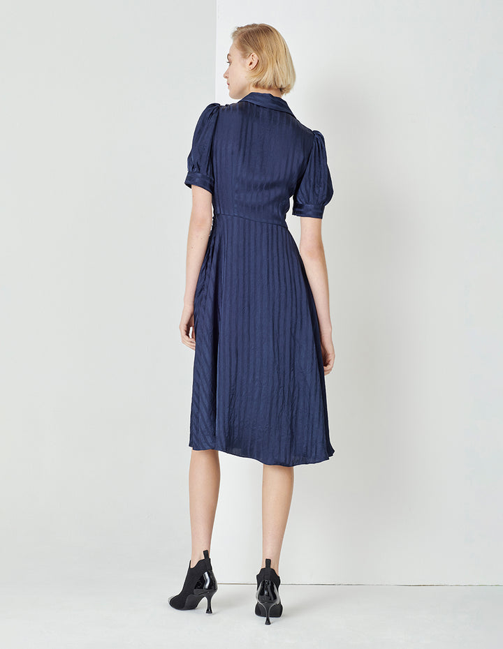 MARYLING Midnight Blue V-Neck Umbrella Hem Striped Dress