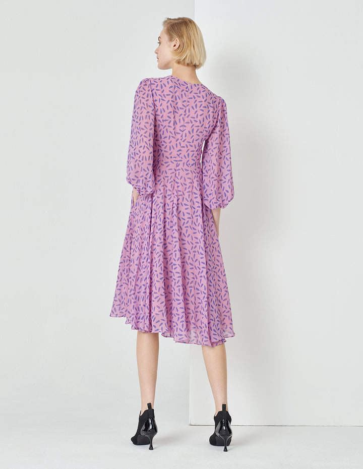 MARYLING Fantasy Pink Jungle Puff Sleeve V-Neck Dress