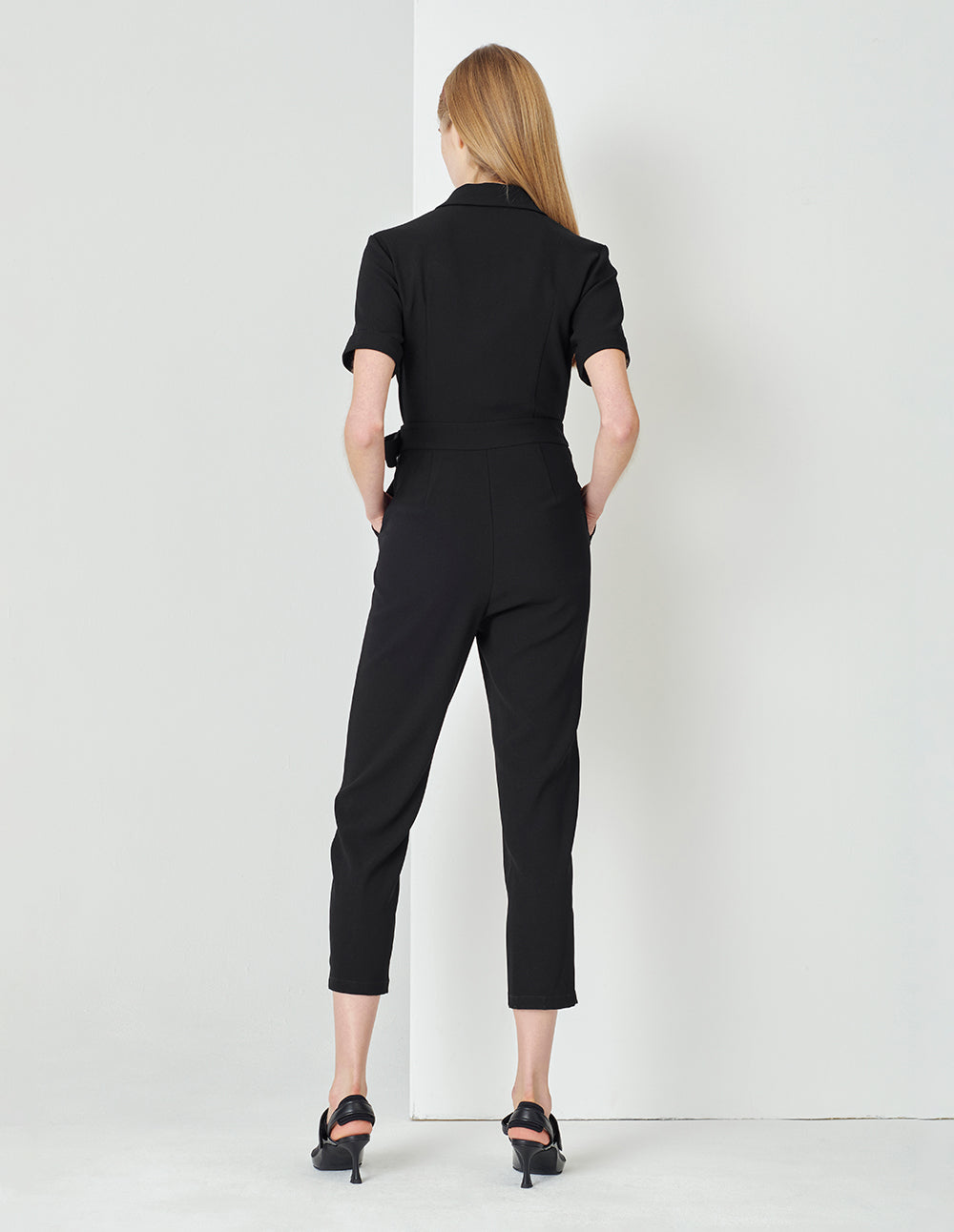 MARYLING Black Short-Sleeved Suit-Style Strap Jumpsuit