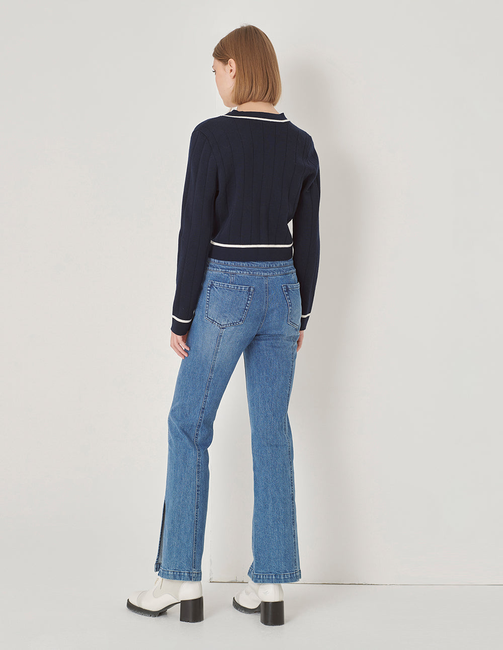 MARYLING Dark Blue Knitted Cardigan With White Trim