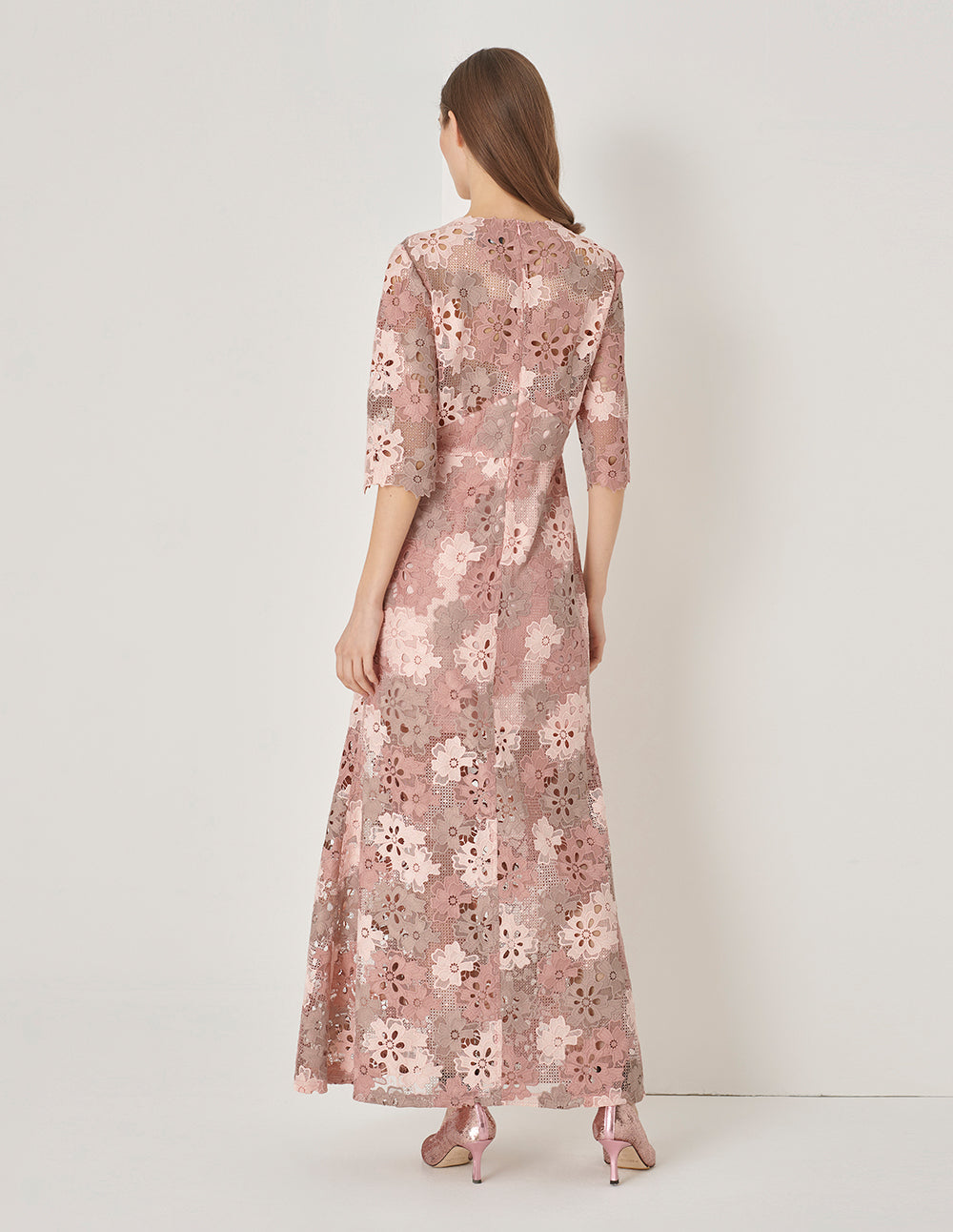 MARYLING Pink V-Neck Fishtail Slit Lace Dress