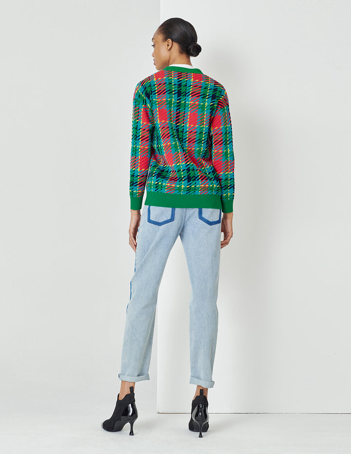 MARYLING Colourful Plaid V-Neck Knitted Cardigan