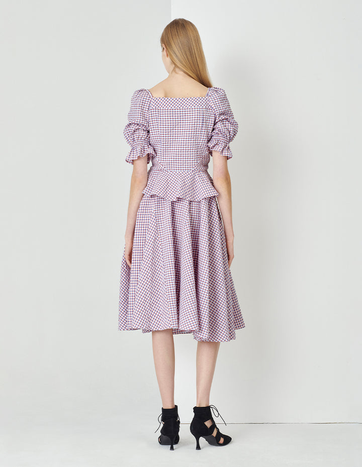 MARYLING Light Purple Checkered V-Neck Puff Sleeve Ruffle Hem Top