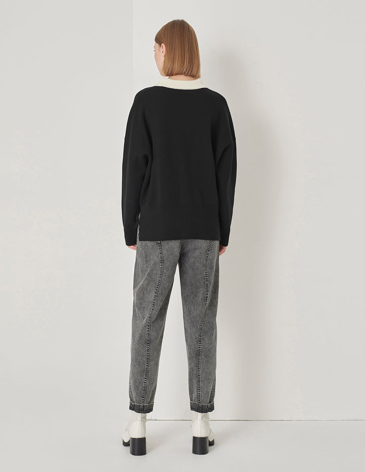 MARYLING Black And White Contrast T-Shirt Collar Knitted Pullover