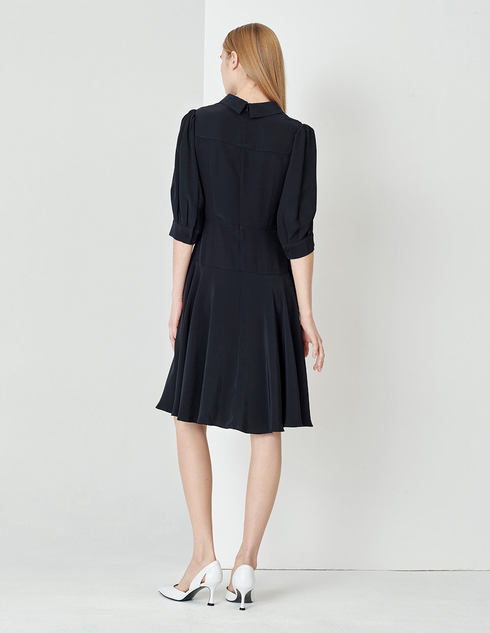 MARYLING Midnight Blue Pleated Mid-Sleeve Dress