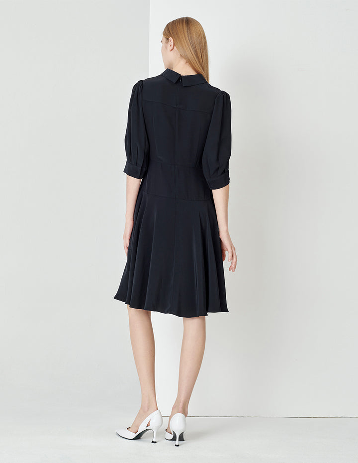 MARYLING Midnight Blue Pleated Mid-Sleeve Dress