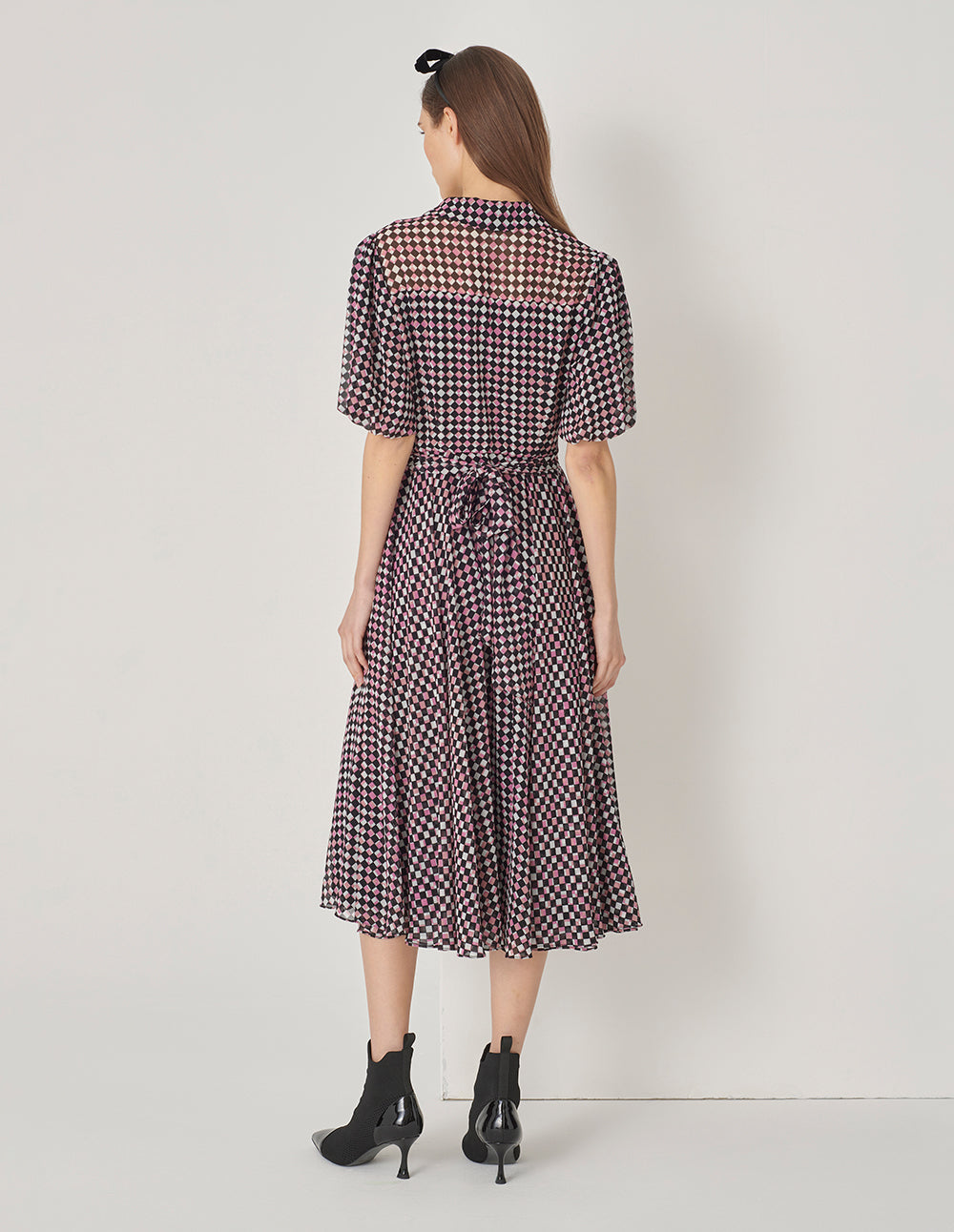 MARYLING Red Berry Plaid Shirt Collar Cross Tie Puff Sleeve Dress