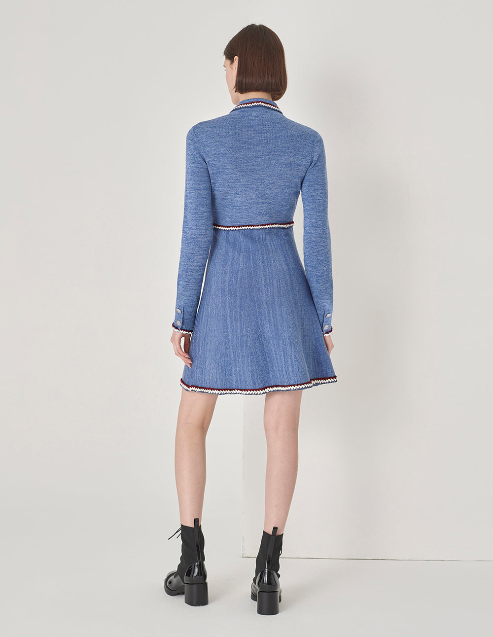 MARYLING Colourful Striped-Trim Long-Sleeve A-Line Knitted Shirt Dress