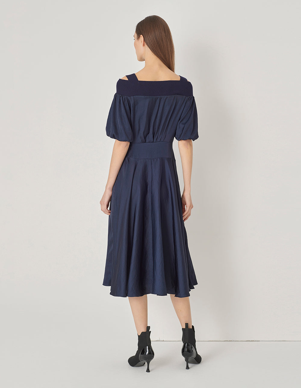 MARYLING Dark Blue Metallic Zipper Off-Shoulder Puff Sleeve Dress