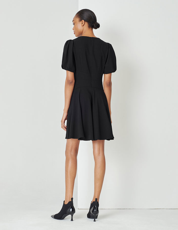 MARYLING Black Generous Collar Puff Sleeve Little Black Dress