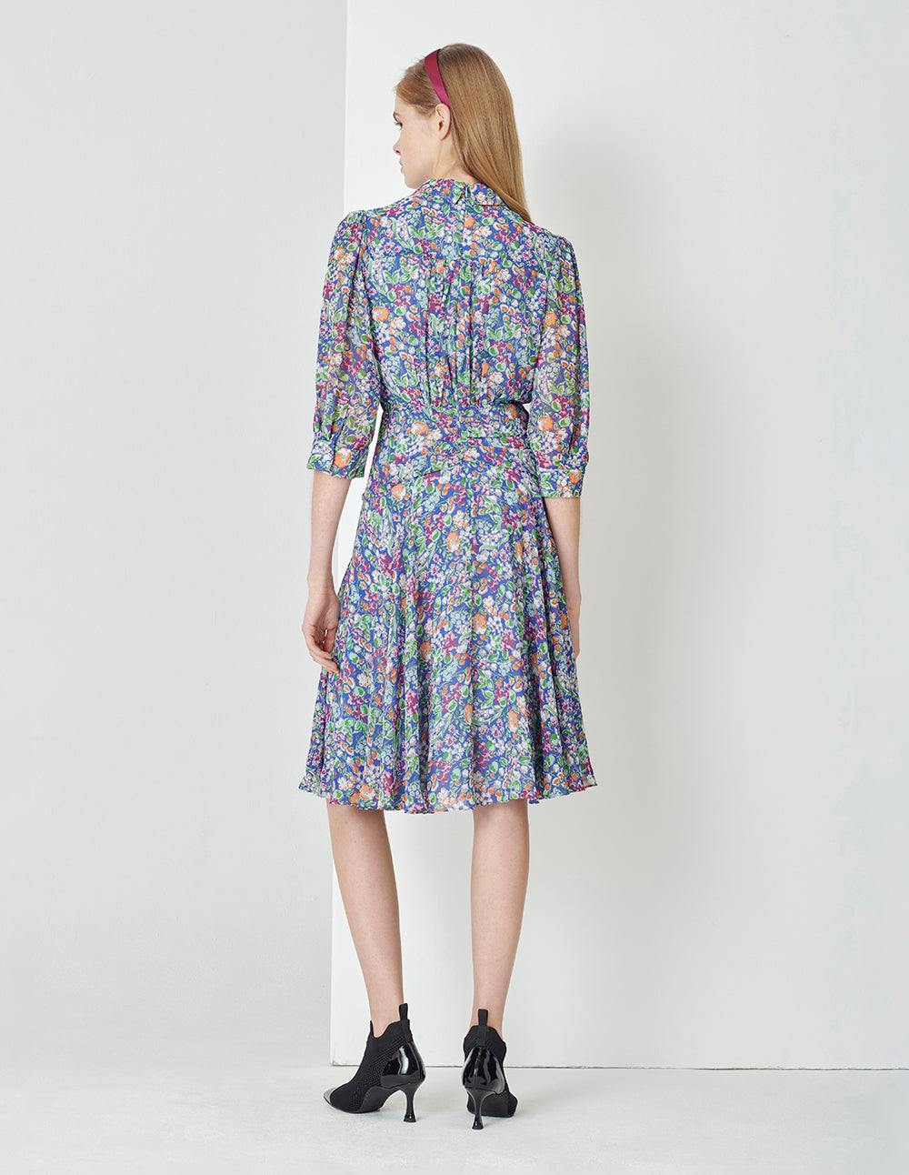 MARYLING Colour Shirt Collar Waist Pleated Puff Sleeve Dress