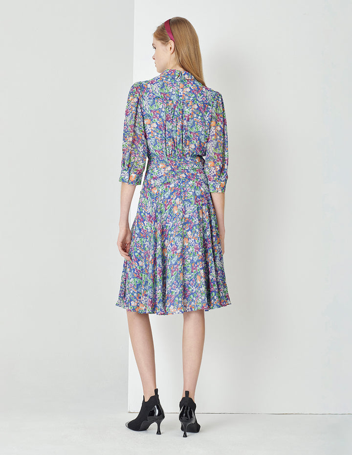 MARYLING Colour Shirt Collar Waist Pleated Puff Sleeve Dress