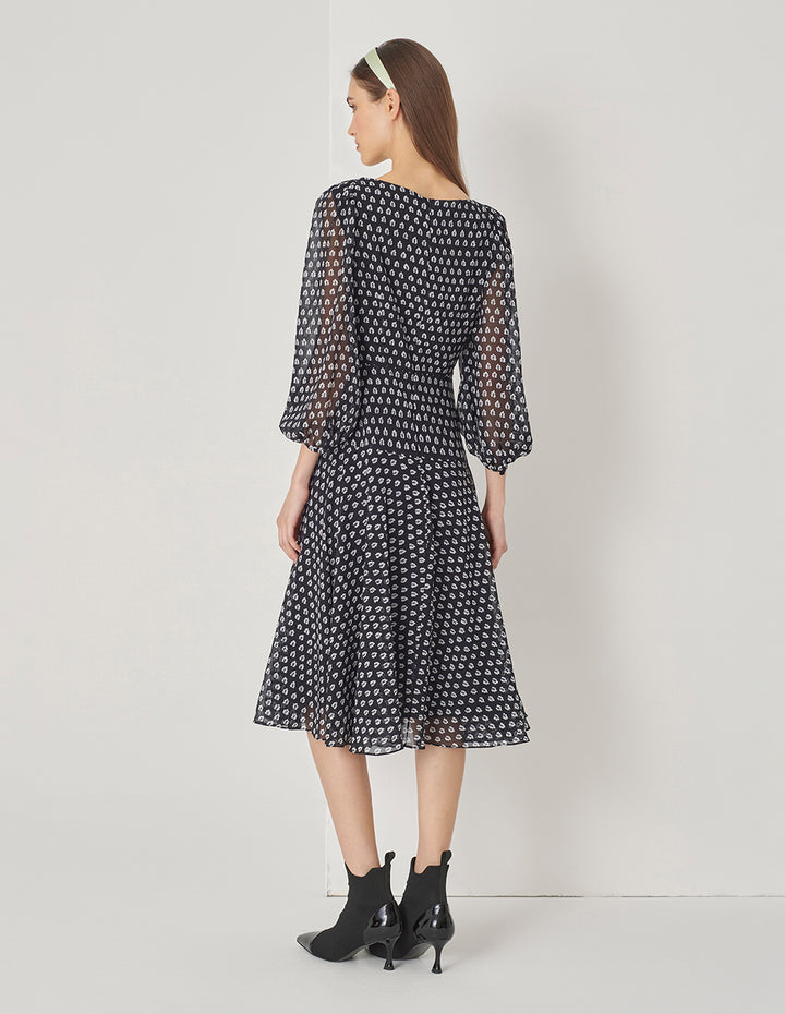 MARYLING Black And White Forest V-Neck Pinched Puff Sleeve Dress
