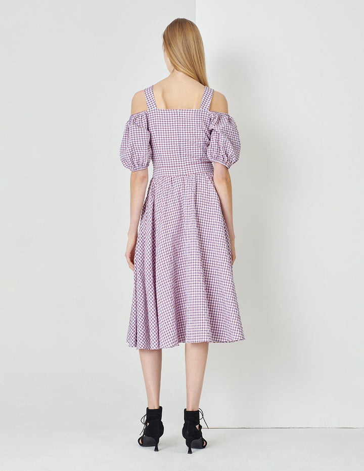 MARYLING Light Purple Checkered V-Neck Puff Sleeves Bowknot Decorated Dress