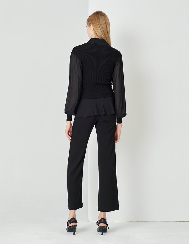 MARYLING  Classic Black Shirt Collar A Line Knitted Top