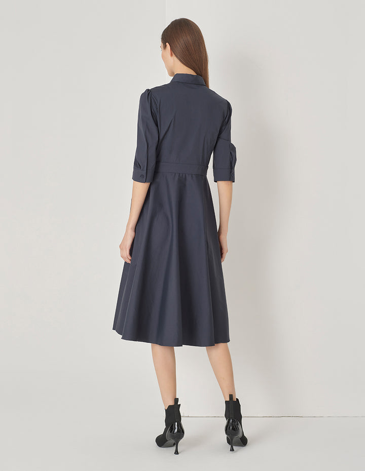 MARYLING Midnight Blue Shirt Neck V-Shaped Overlap Knotted Navy Dress
