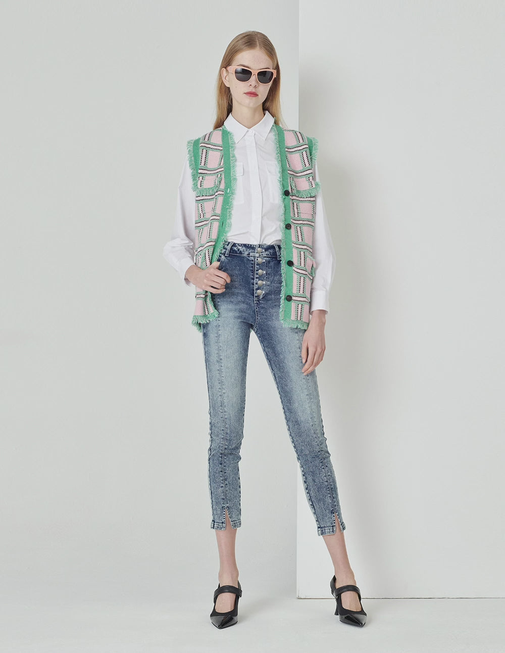 MARYLING Denim Blue Metal Decorative Buckle Skinny Denim Cropped Pants