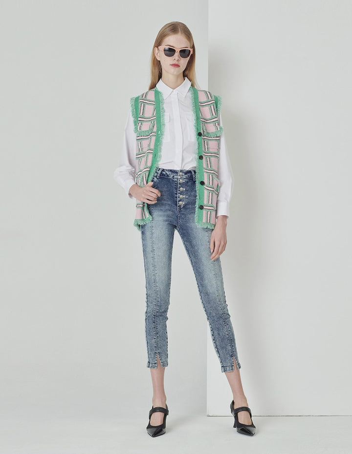 MARYLING Denim Blue Metal Decorative Buckle Skinny Denim Cropped Pants