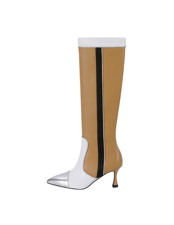 MARYLING Black And Beige Colour Matching Pointed Toe Stiletto Heeled Sheepskin Boots