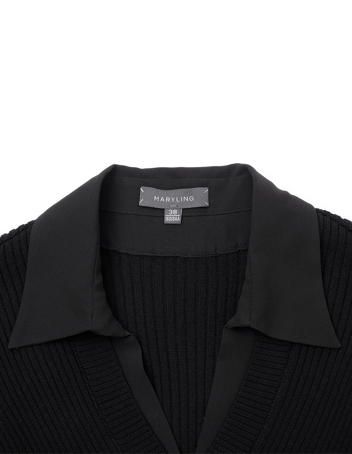 MARYLING  Classic Black Shirt Collar A Line Knitted Top