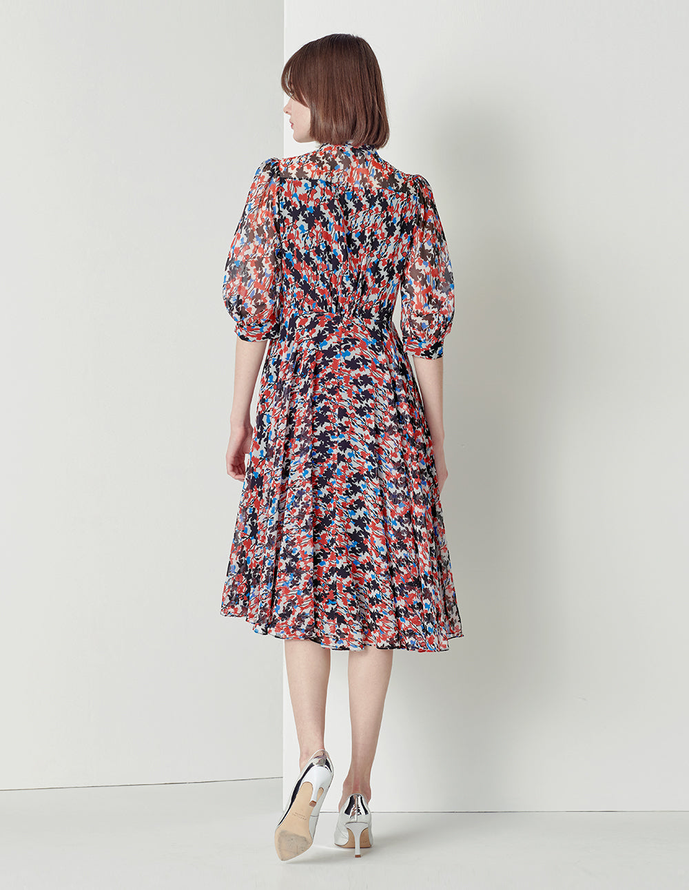 MARYLING V-Neck Tie Puffed Sleeves Print Dress