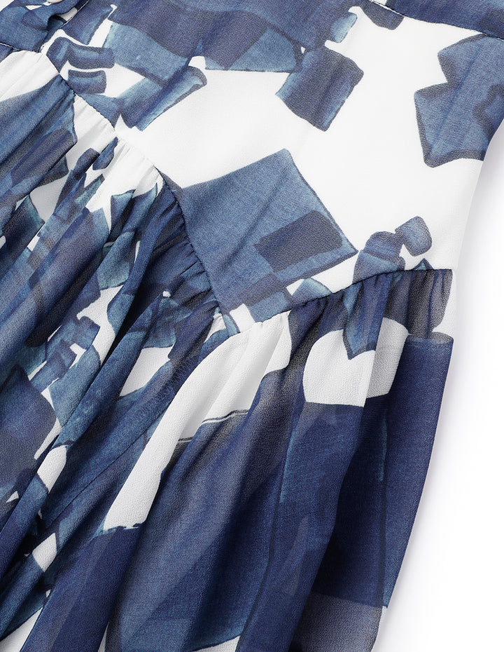 MARYLING Blue And White Grit Georgette Long Sleeve Dress