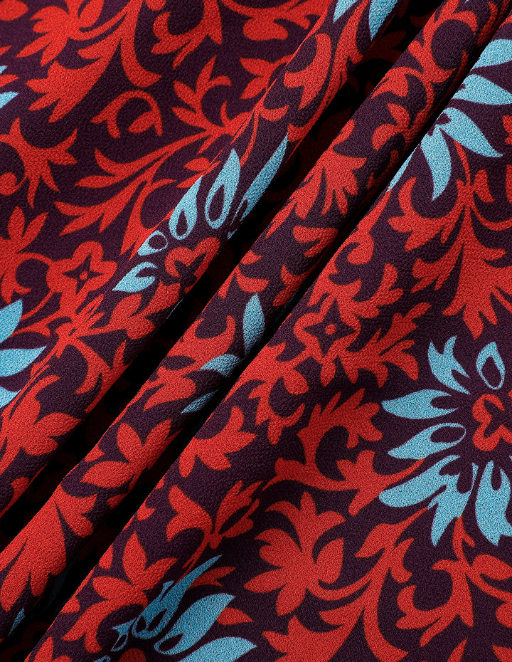 MARYLING Red Floral V-Neck Puff Sleeve Lace-Up Dress