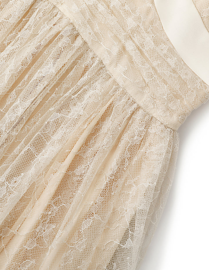 MARYLING Champagne V-Neck Lace Gown Dress