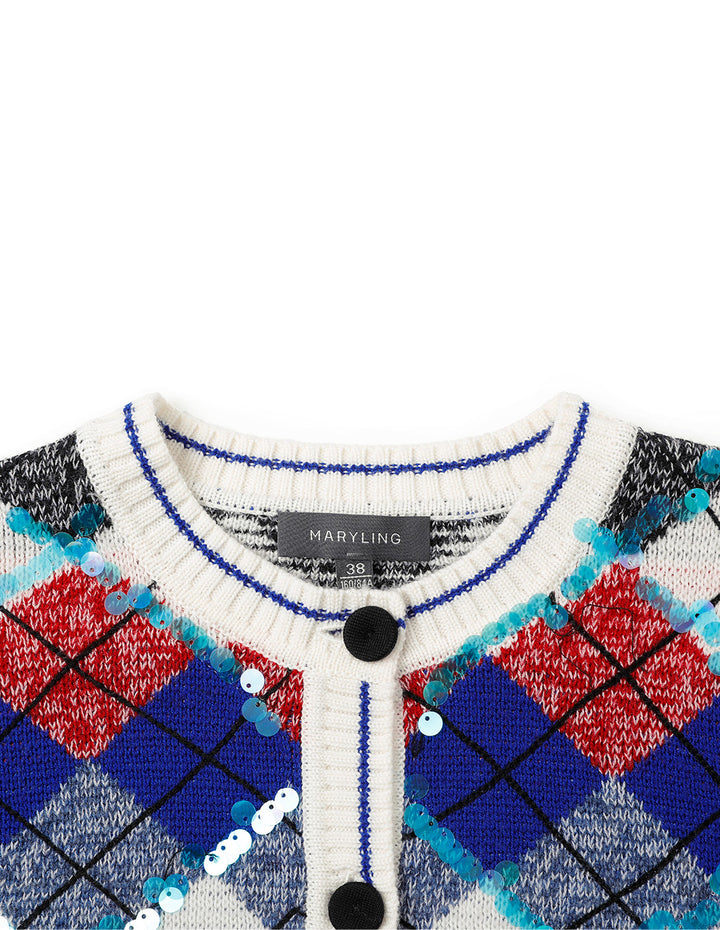 MARYLING Diamond Check Round Neck Knitted Cardigan